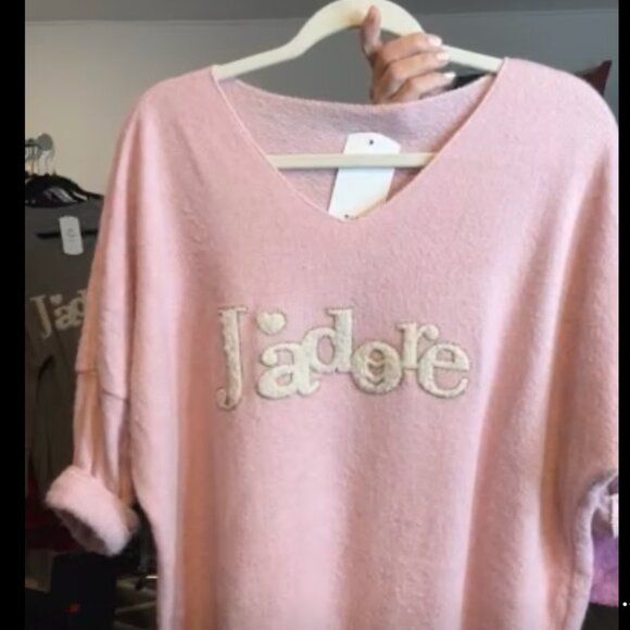 MADE IN ITALY Pink V-Neck Sweater with 'J'adore' Embroidery - Picture 1 of 1